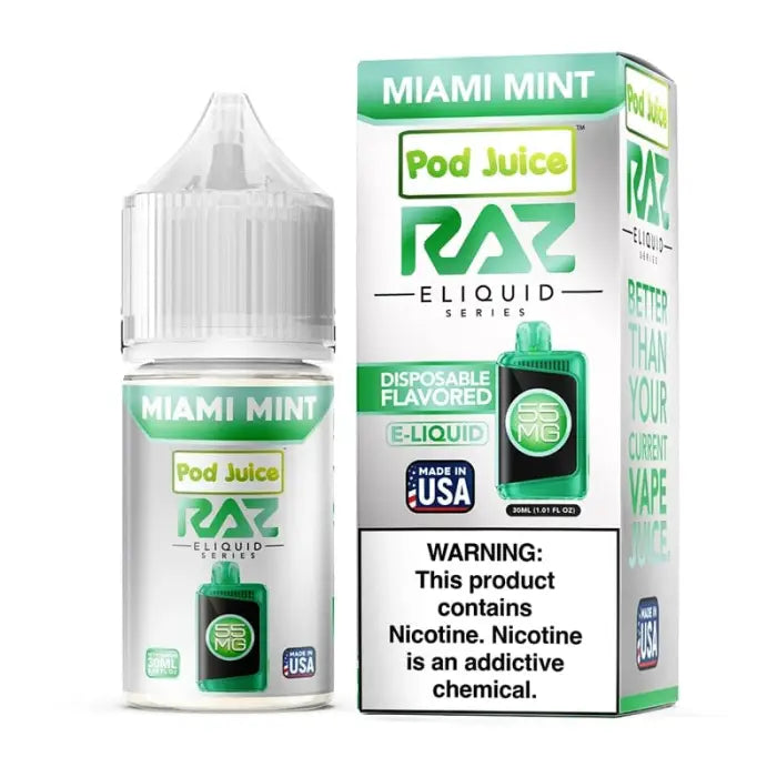 E-liquid bottle and packaging for ’Miami Mint’ flavor from RAZ Pod Juice brand.