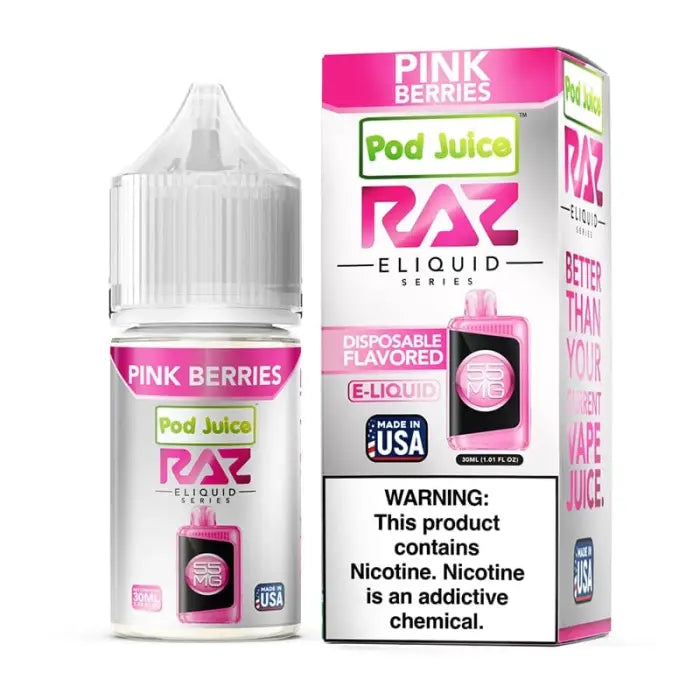 E-liquid bottle and packaging for ’Pink Berries’ flavor by RAZ Pod Juice.