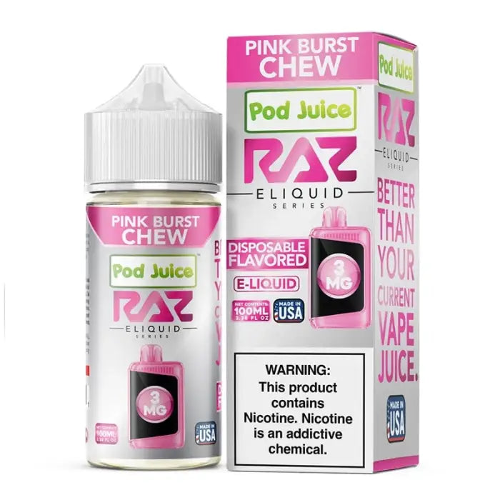 Pink and white e-liquid bottle and packaging for ’Pink Burst Chew’ flavor by RAZ.