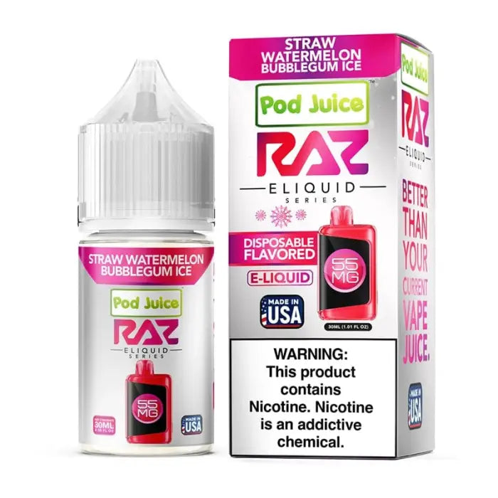 Bottle of RAZ e-liquid in Straw Watermelon Bubblegum Ice flavor with its packaging box.