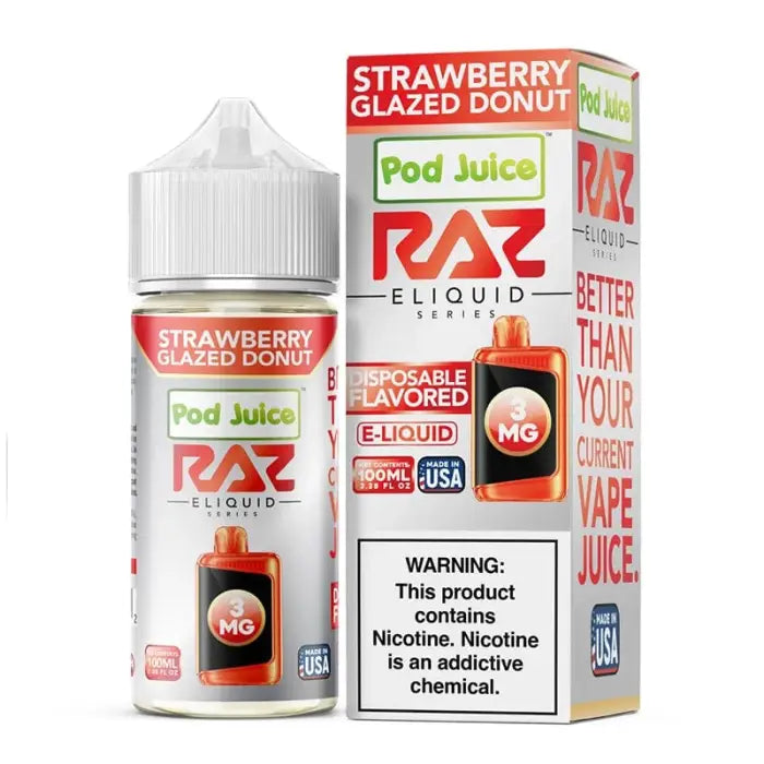 Bottle of strawberry glazed donut flavored e-liquid with accompanying product packaging.