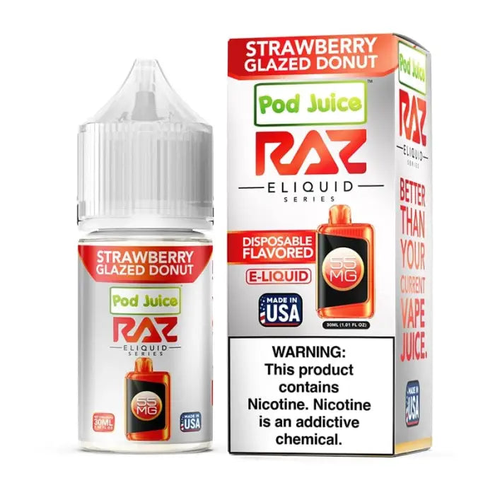 E-liquid bottle and packaging for RAZ brand strawberry glazed donut flavored vape juice.