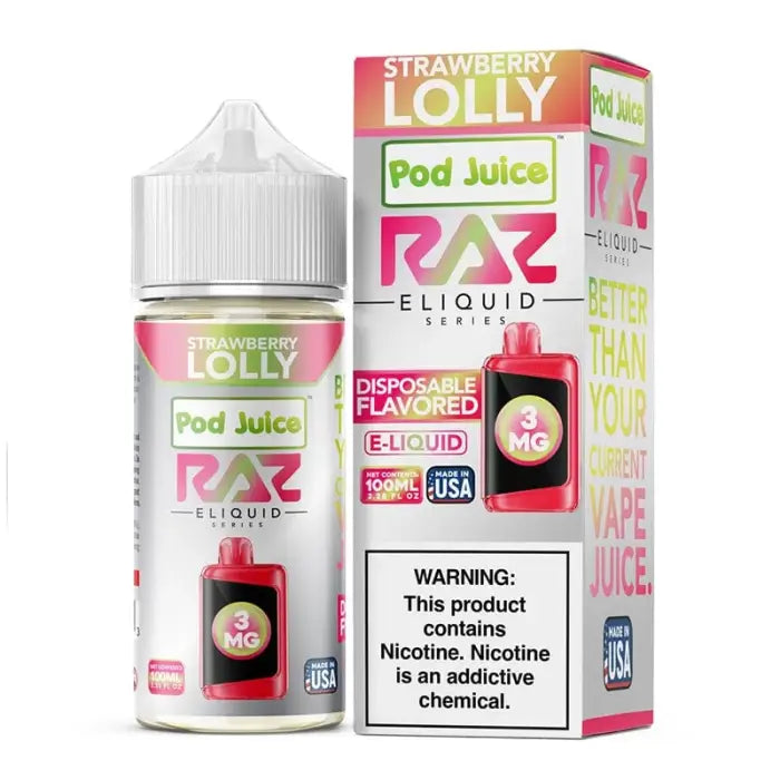 E-liquid bottle and packaging for ’Strawberry Lolly’ flavored vape juice by RAZ.