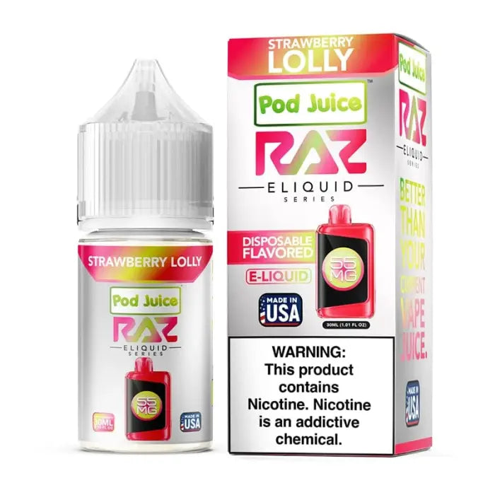 E-liquid bottle and packaging for RAZ brand strawberry lolly flavored vape juice.