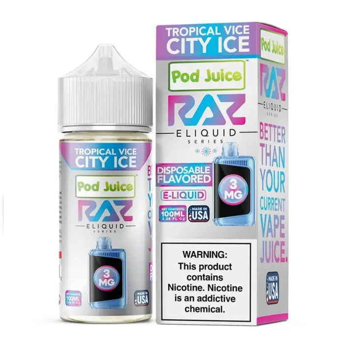 E-liquid bottle and packaging for ’Tropical Vice City Ice’ vape juice by RAZ.