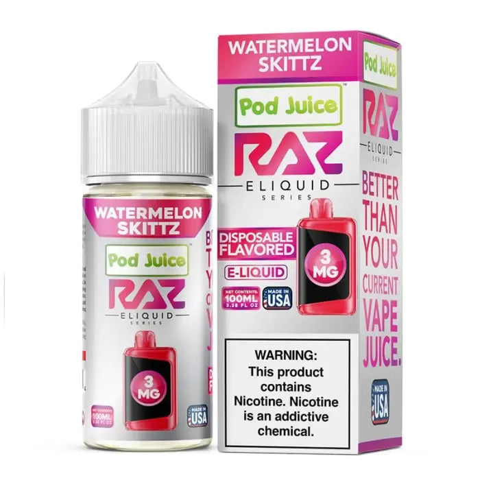 Bottle of watermelon-flavored e-liquid vape juice with its packaging box.