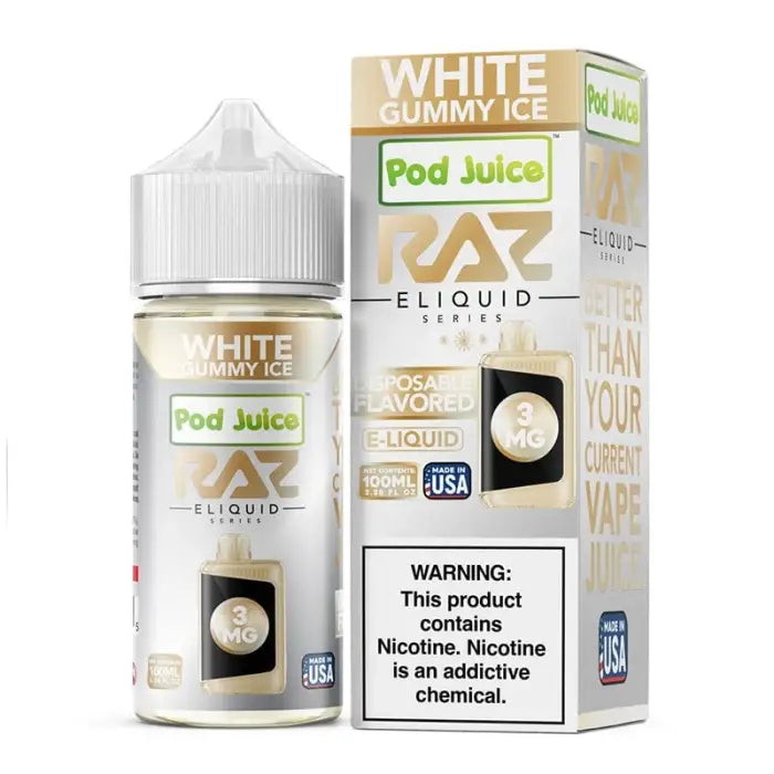 E-liquid bottle and packaging for ’White Gummy Ice’ flavor by Pod Juice.