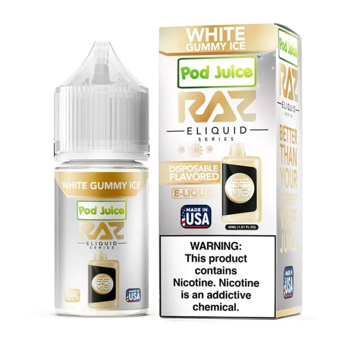 E-liquid bottle and packaging for ’White Gummy Ice’ flavor from Pod Juice RAZ brand.