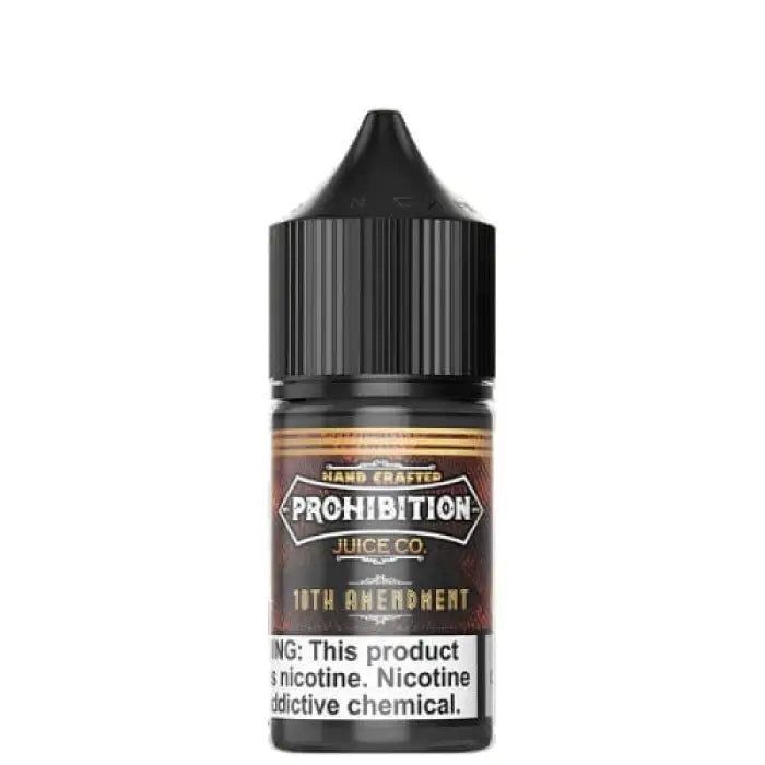 Black bottle of e-liquid labeled ’Prohibition Juice Co. 18th Amendment’ with a warning about nicotine content.