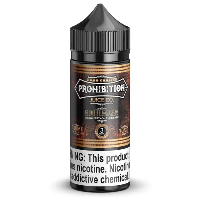 Black bottle of e-liquid labeled ’Prohibition’ with a warning about nicotine content.