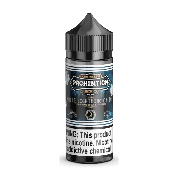 Bottle of e-liquid or vape juice labeled ’Prohibition’ with a warning about nicotine content.