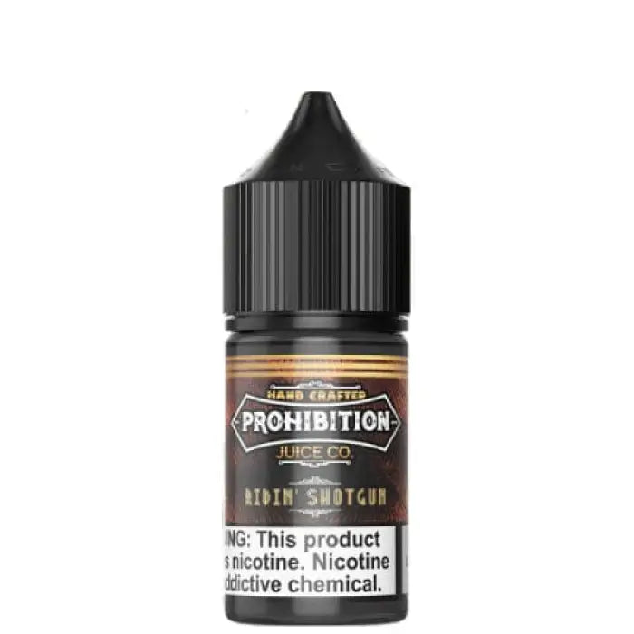 Black bottle of e-liquid labeled ’Prohibition Juice Co.’ with a warning about nicotine content.