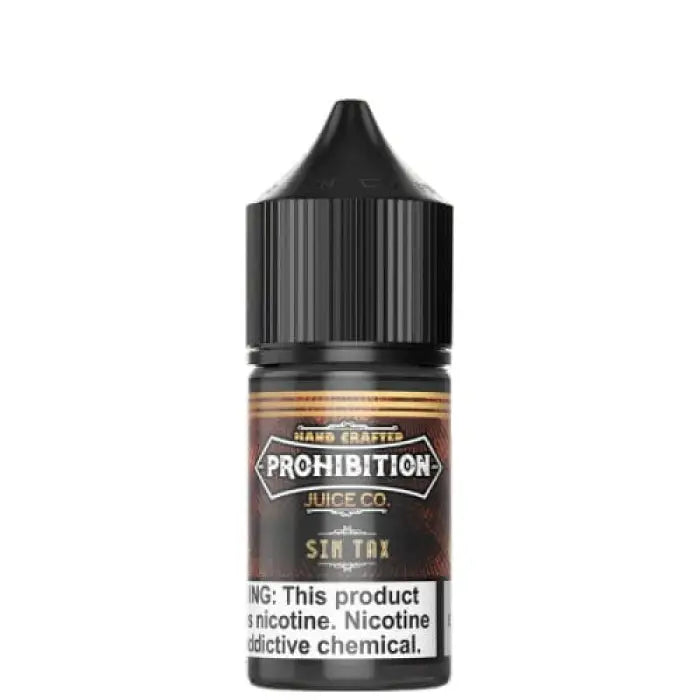 Black bottle of Prohibition Juice Co. e-liquid labeled ’Sin Tax’ with a warning about nicotine content.