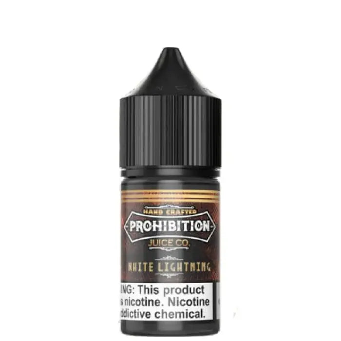 Black bottle of e-liquid labeled ’Prohibition Juice Co. White Lightning’ with a warning about nicotine content.