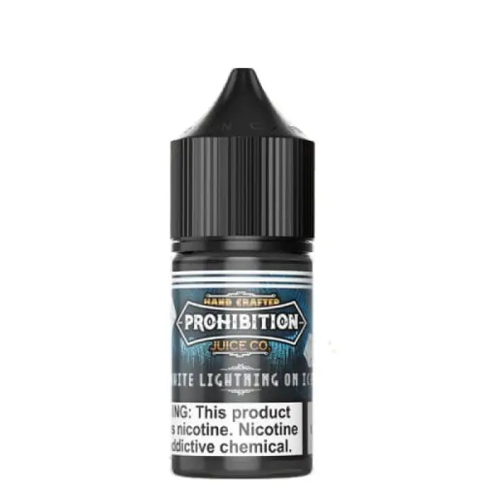 Black plastic bottle of e-liquid or vape juice labeled ’Prohibition Juice Co.’