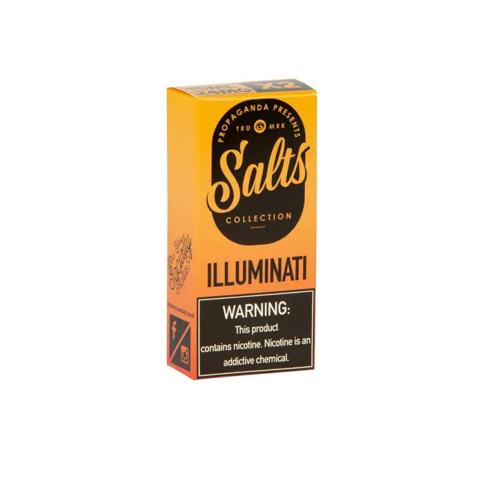 Yellow and black box of Salts Collection Illuminati e-liquid or vape juice with a warning label.