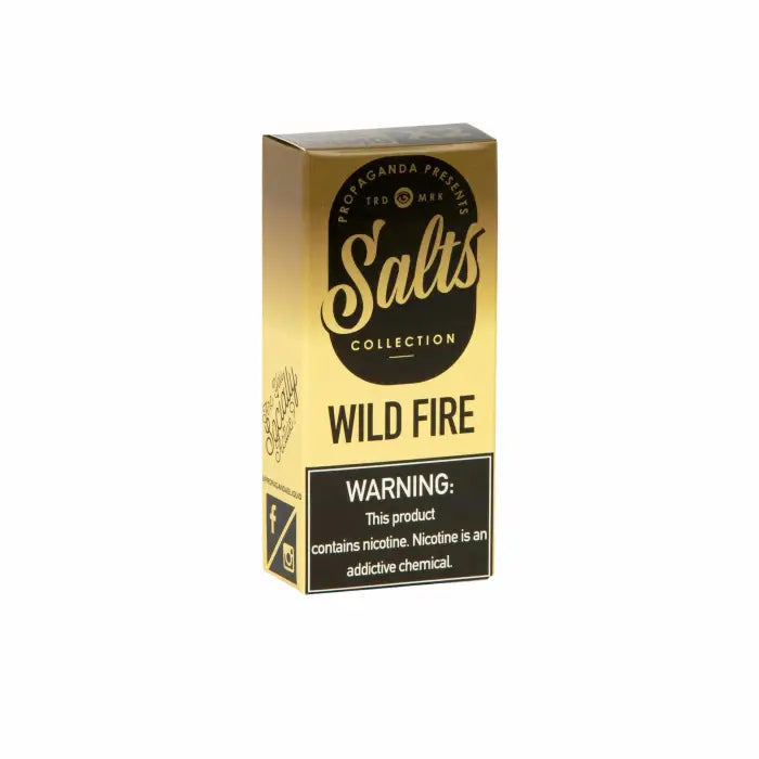 Gold-colored box labeled ’Salis Collection Wild Fire’ with a warning about nicotine content.