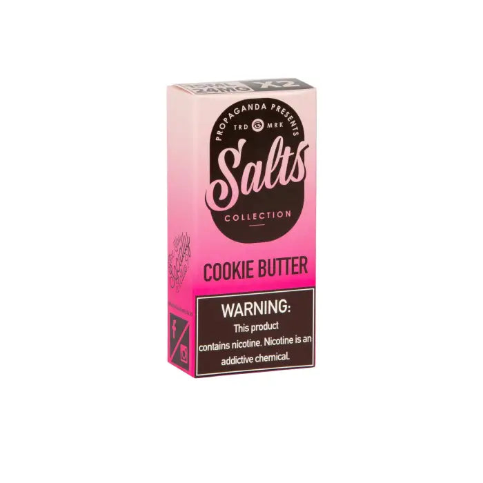 Pink and white box of Salts Collection Cookie Butter flavored product with a warning label.