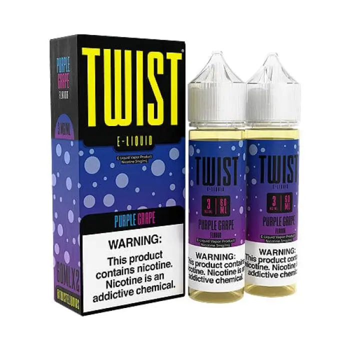 E-liquid product called ’Twist’ with packaging and bottles displayed.