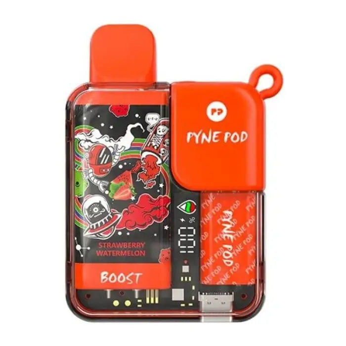 Bright orange electronic vaping device with colorful cartoon graphics on the display.