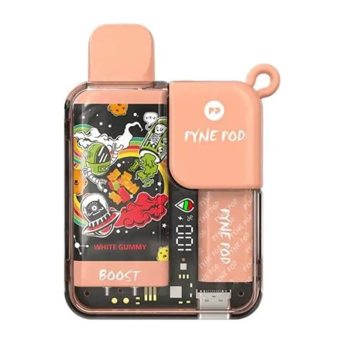 Colorful electronic vaping device with a cartoon-style design on its display screen.