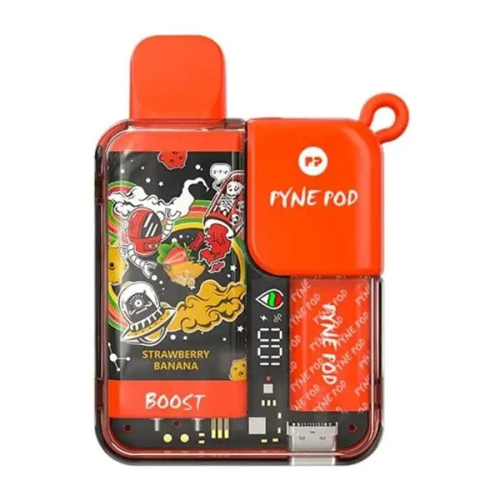 Colorful electronic vaping device with a cartoon-decorated display and orange casing.