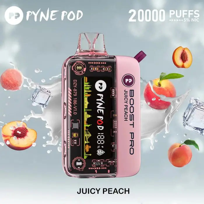 Pink electronic vaping device with a digital display showing ’PYNE POD’ branding.