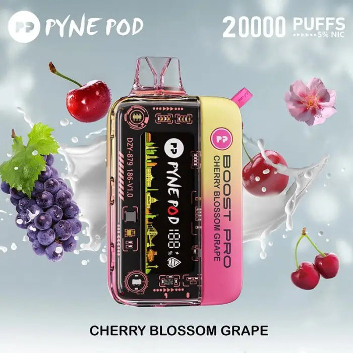 Disposable vape device labeled ’Ryne Pod’ with 20000 puffs and cherry blossom grape flavor.