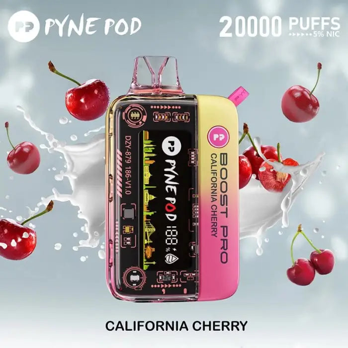 Electronic vaping device with a digital display, labeled ’RYNE POD’ and ’California Cherry’ flavor.