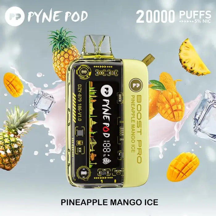 Electronic vaping device with a digital display, labeled ’Pyne Pod’ and ’Pineapple Mango Ice’ flavor.