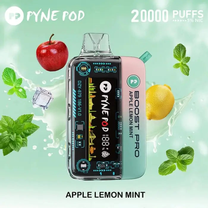 Electronic vaping device with a display screen and ’RYNE POD’ branding, advertised as having 20000 puffs in Apple Lemon Mint flavor.