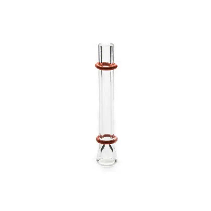 Glass cylinder with two red rings and metal caps at each end.