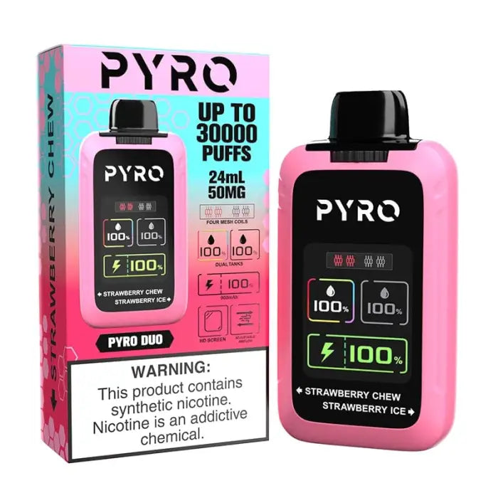 Pink and black electronic vaping device with ’PYRO’ branding and product specifications displayed.