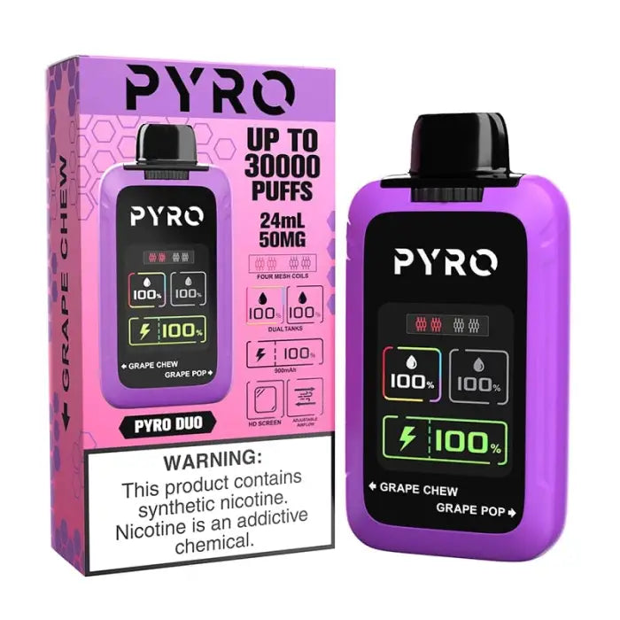 Disposable vape device in purple packaging with ’PYRO’ branding.