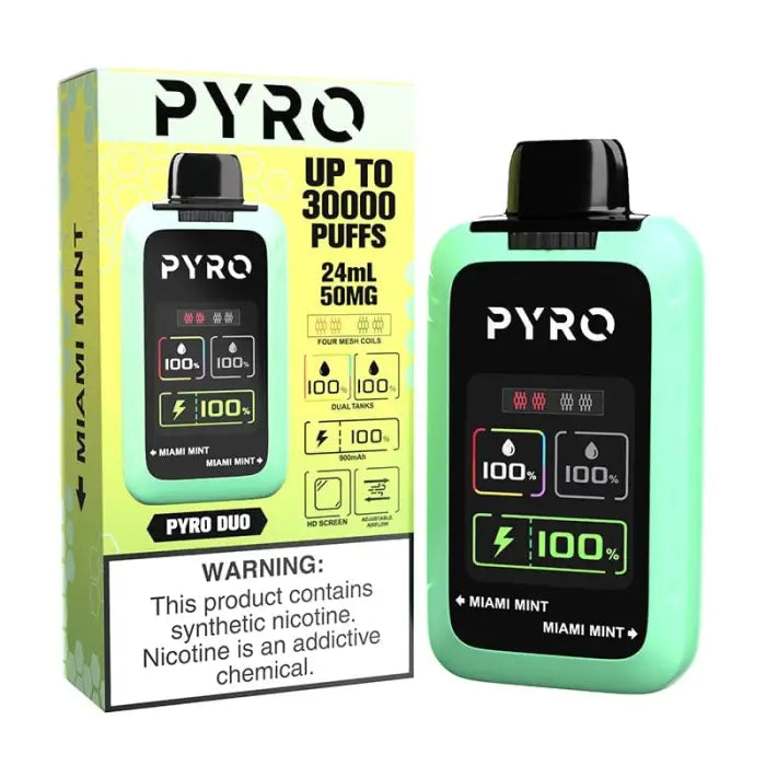 Disposable vape device called ’PYRO’ with packaging showing product details and warnings.