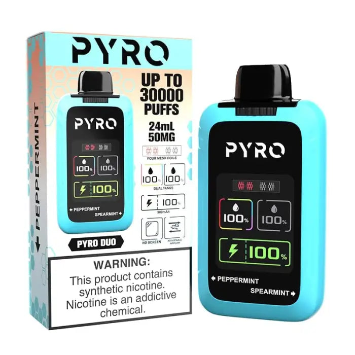 Vaping device called PYRO with a turquoise body and digital display.