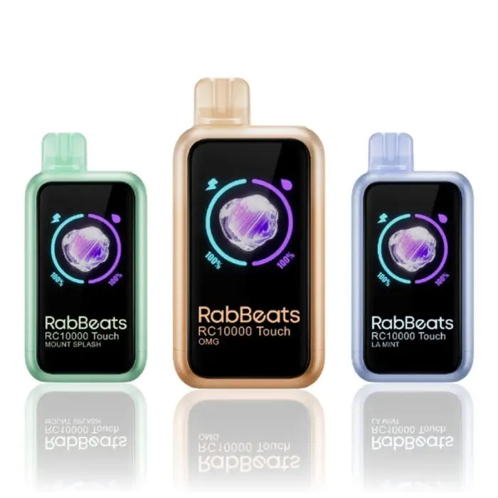 Three portable digital music players or MP3 devices in different pastel colors (mint green, beige, and light blue) with screens displaying the ’RabBeats’ brand name.