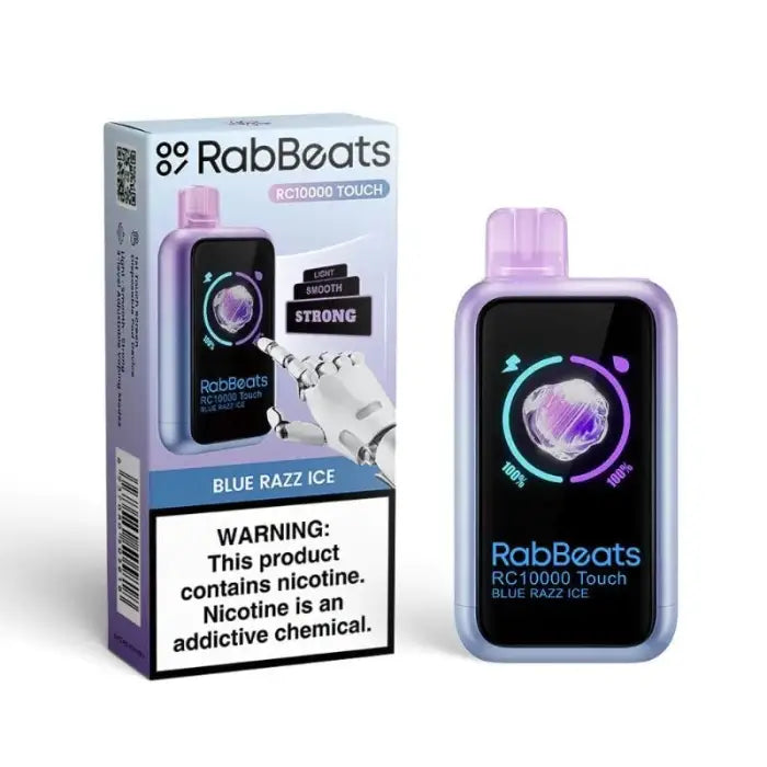 Electronic vaping device with purple packaging labeled ’RabBeats’ and a warning about nicotine content.