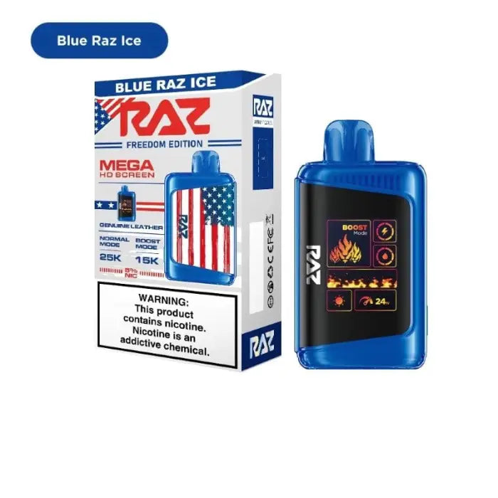 Blue Raz Ice vaping device and its packaging featuring an American flag design.