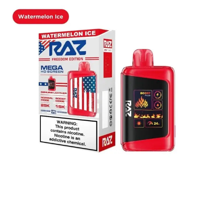 Disposable e-cigarette device with patriotic American flag-themed packaging.