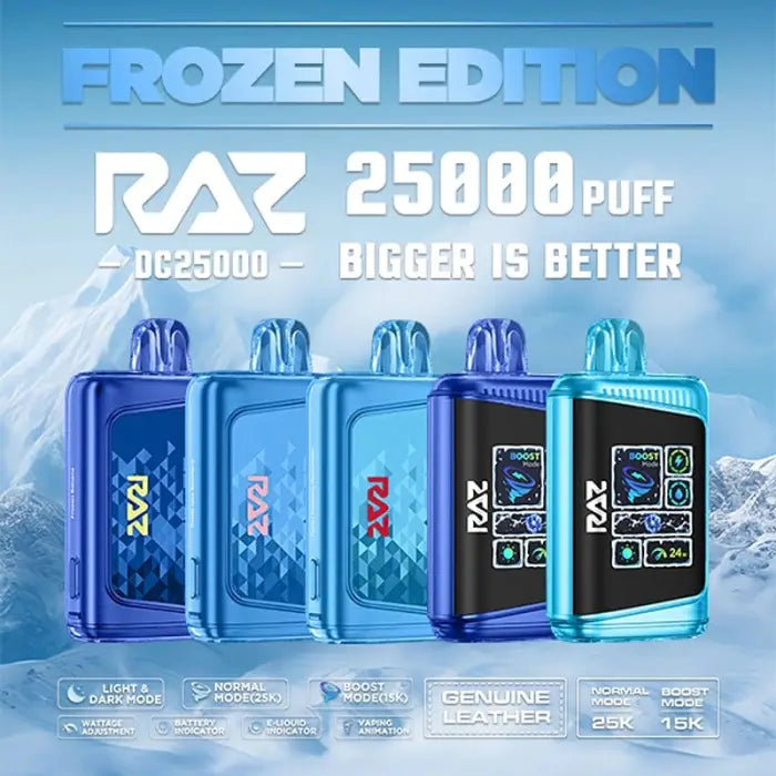 Disposable electronic cigarette devices in various colors with ’RAZ 25000’’ branding.