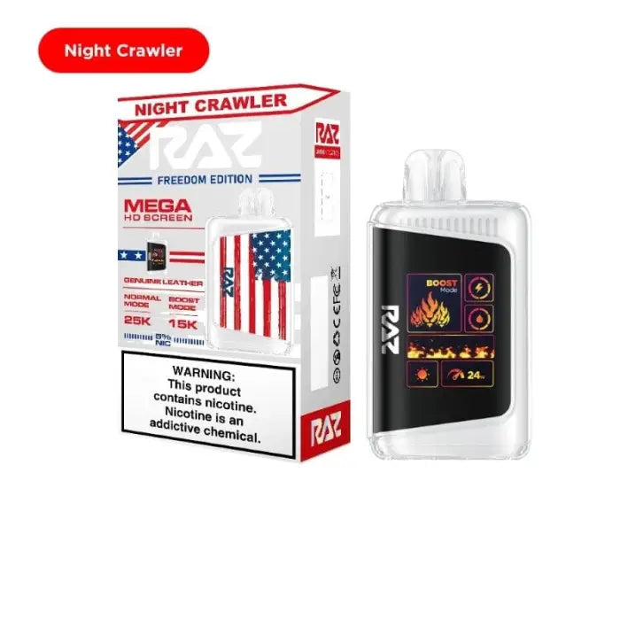 Disposable vape device called ’Night Crawler’ in patriotic packaging with an American flag design.