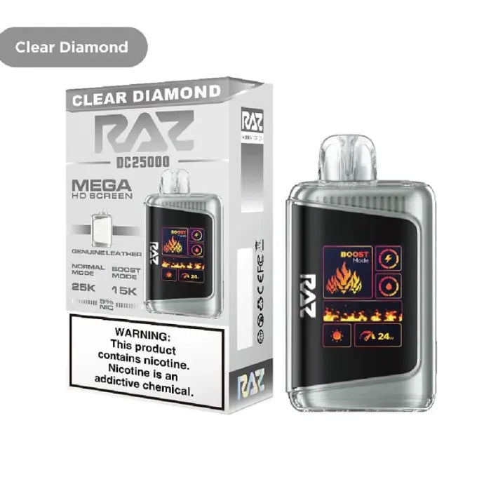 Electronic vaping device with a colorful digital display screen and its product packaging.