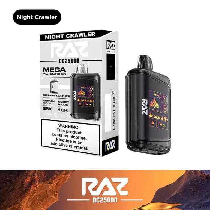 Electronic vaping device called ’Night Crawler’ by RAZ, featuring a digital display and rechargeable battery.