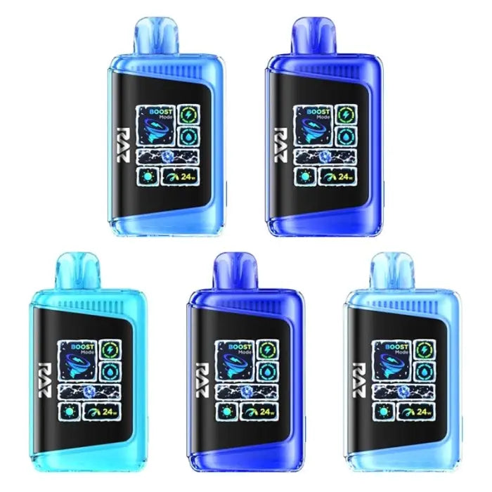 Electronic vaping devices with digital displays in various shades of blue.