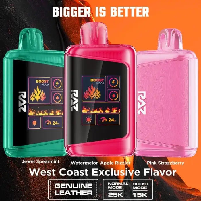 Colorful electronic vaping devices with digital displays showcasing different flavors.