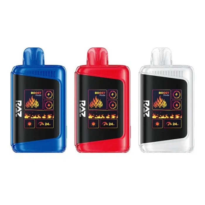 Three compact electronic vaping devices in blue, red, and white colors with digital displays.