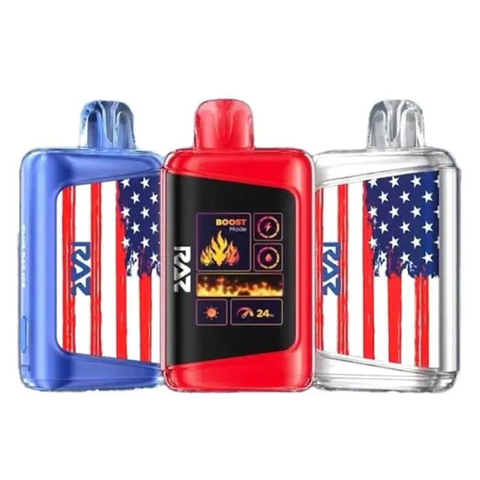 Three vape devices with American flag designs and a digital display on the red one.