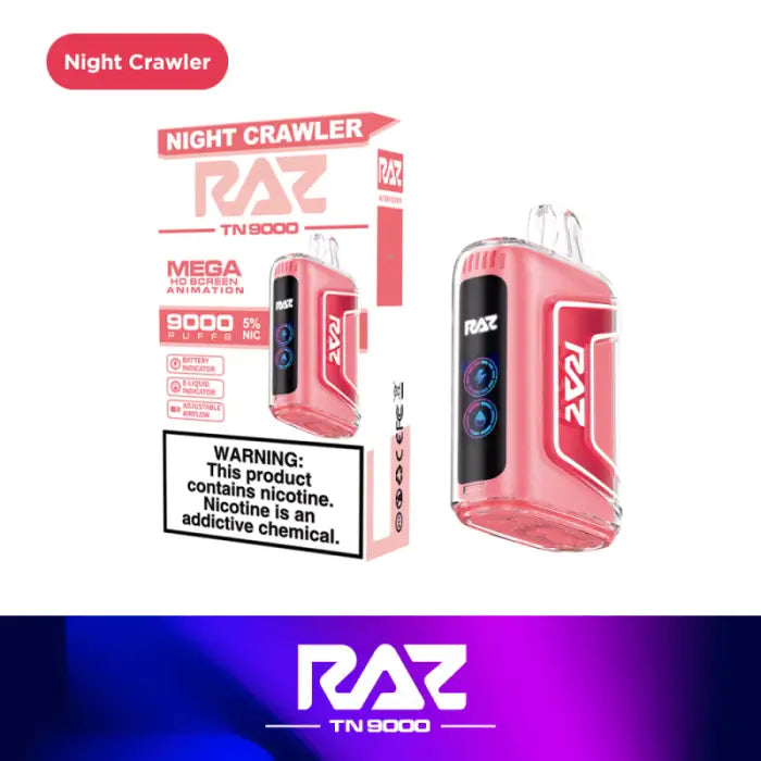 Pink electronic vaping device with packaging displaying ’Night Crawler’ branding.