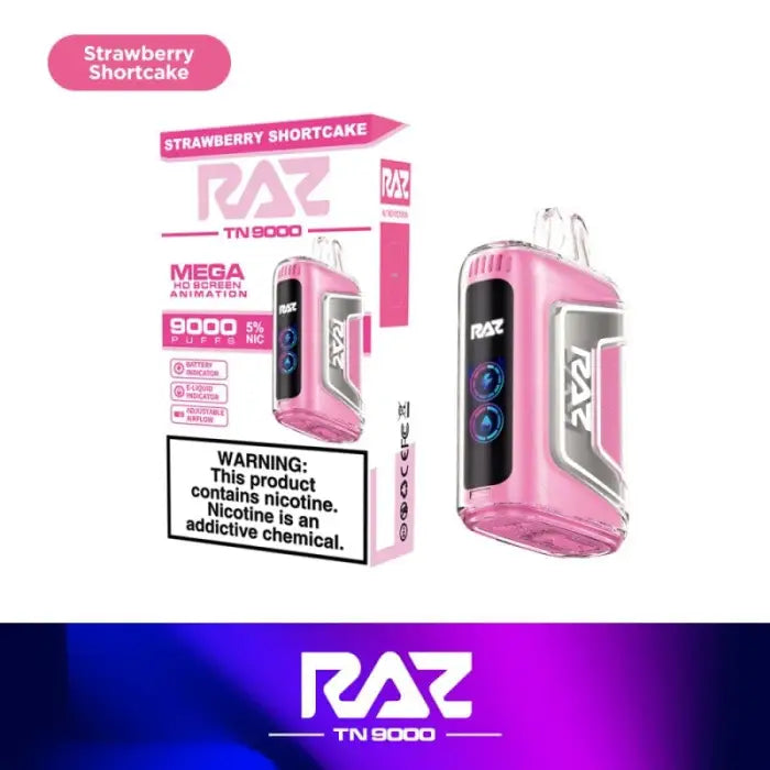 Pink electronic vaping device with ’RAZ’ branding and ’Strawberry Shortcake’ flavor.